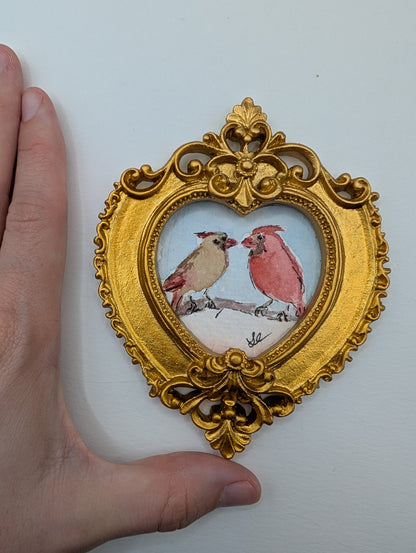Mini Male and Female Cardinal Birds Painting - Original Watercolor Art by Lora Cavallin
