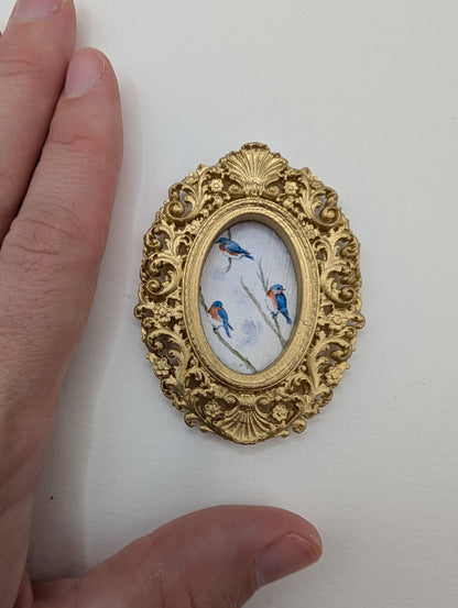 Tiny Bluebirds in Tree Watercolor Art Print - Dollhouse Size - With Gold Frame