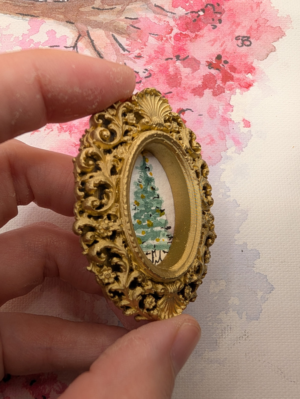 Mini Christmas Tree Painting - Original Watercolor Art by Lora Cavallin