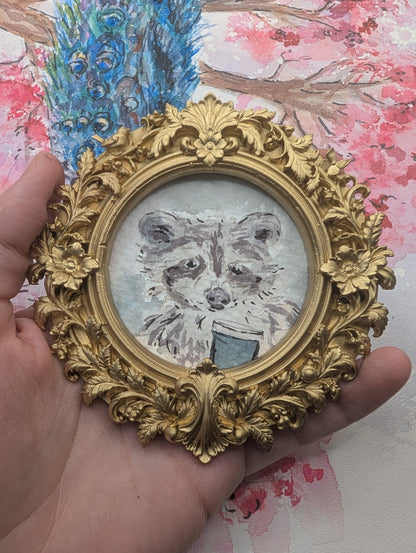 Mini Raccoon with Coffee Painting - Original Watercolor Art by Lora Cavallin