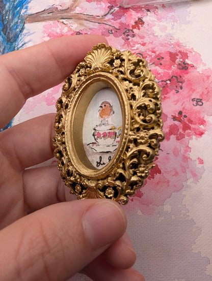 Mini Robin Bird on Teacup Painting - Original Watercolor Art by Lora Cavallin