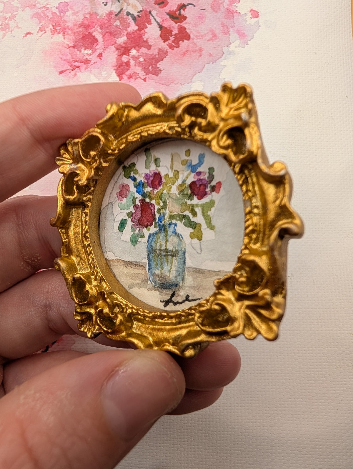 Mini Vase of Flowers Painting - Original Watercolor Art by Lora Cavallin