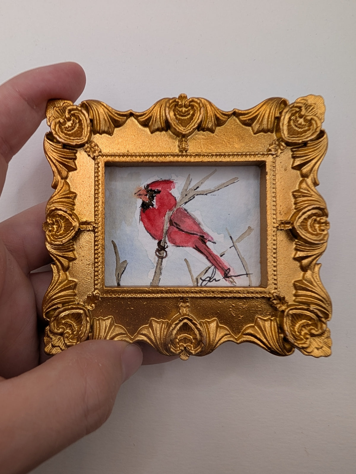 Mini Cardinal Painting - Original Watercolor Art by Lora Cavallin