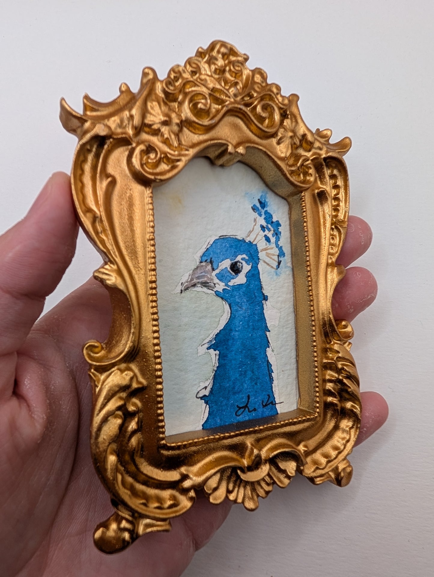 Mini Peacock Painting - Original Watercolor Art by Lora Cavallin