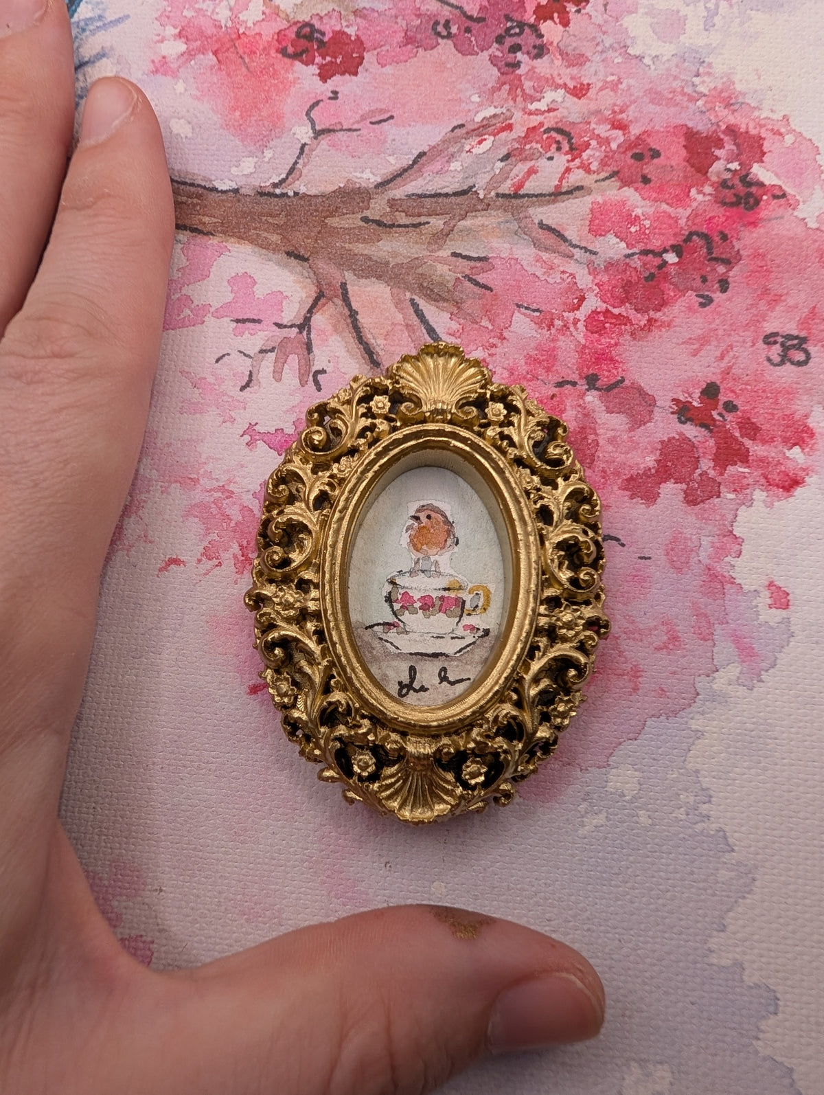 Mini Robin Bird on Teacup Painting - Original Watercolor Art by Lora Cavallin