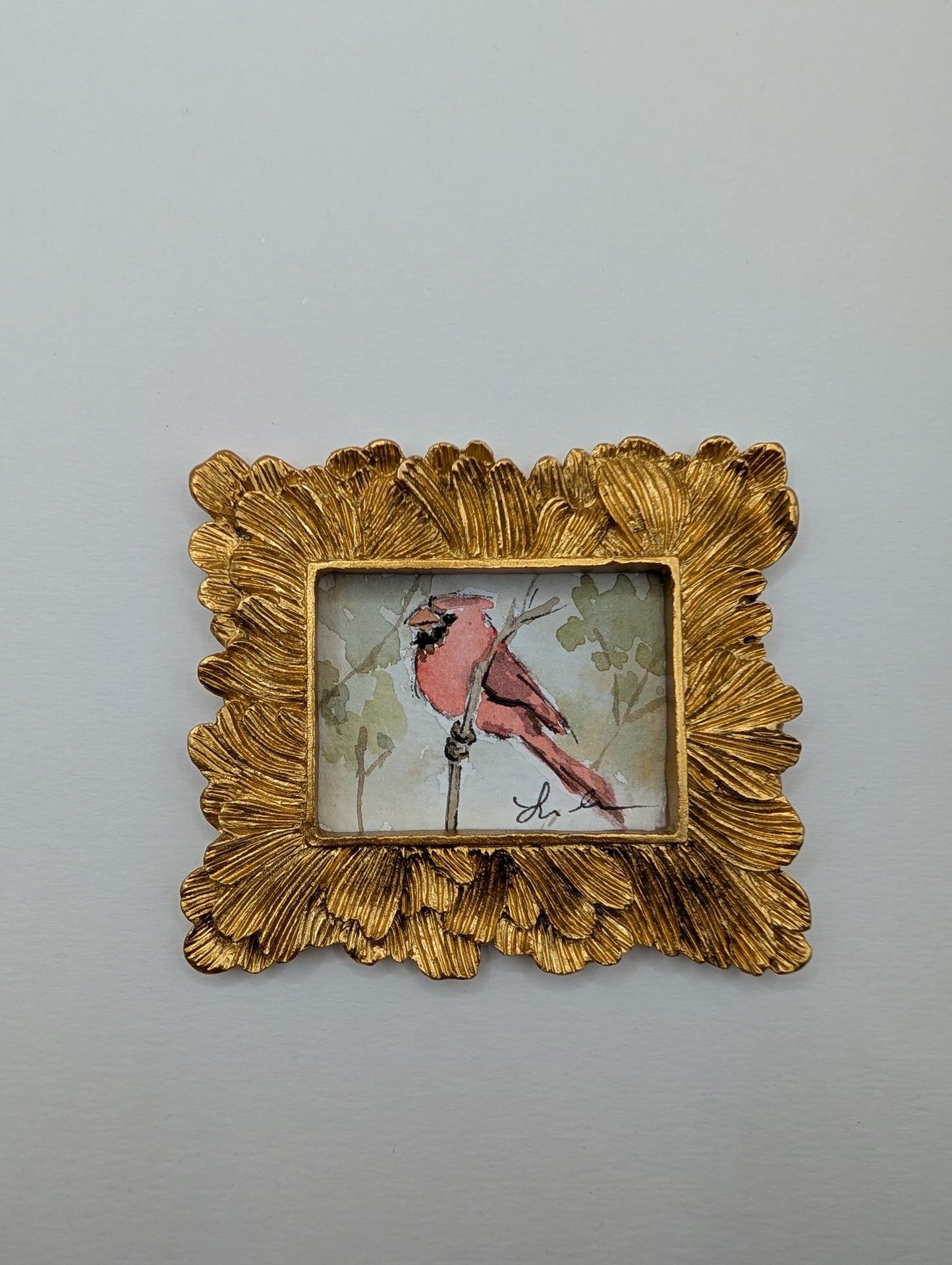 Mini Cardinal Bird Painting - Original Watercolor Art by Lora Cavallin