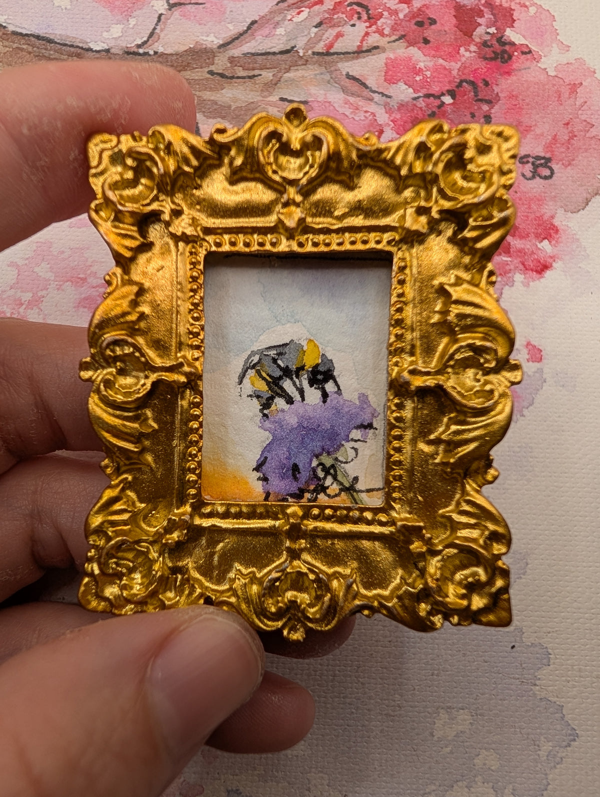 Mini Bee on Flower Painting - Original Watercolor Art by Lora Cavallin