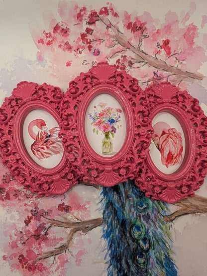 Flamingos and Flowers Art Print Set of Three - With Pink Frames - Watercolor Design