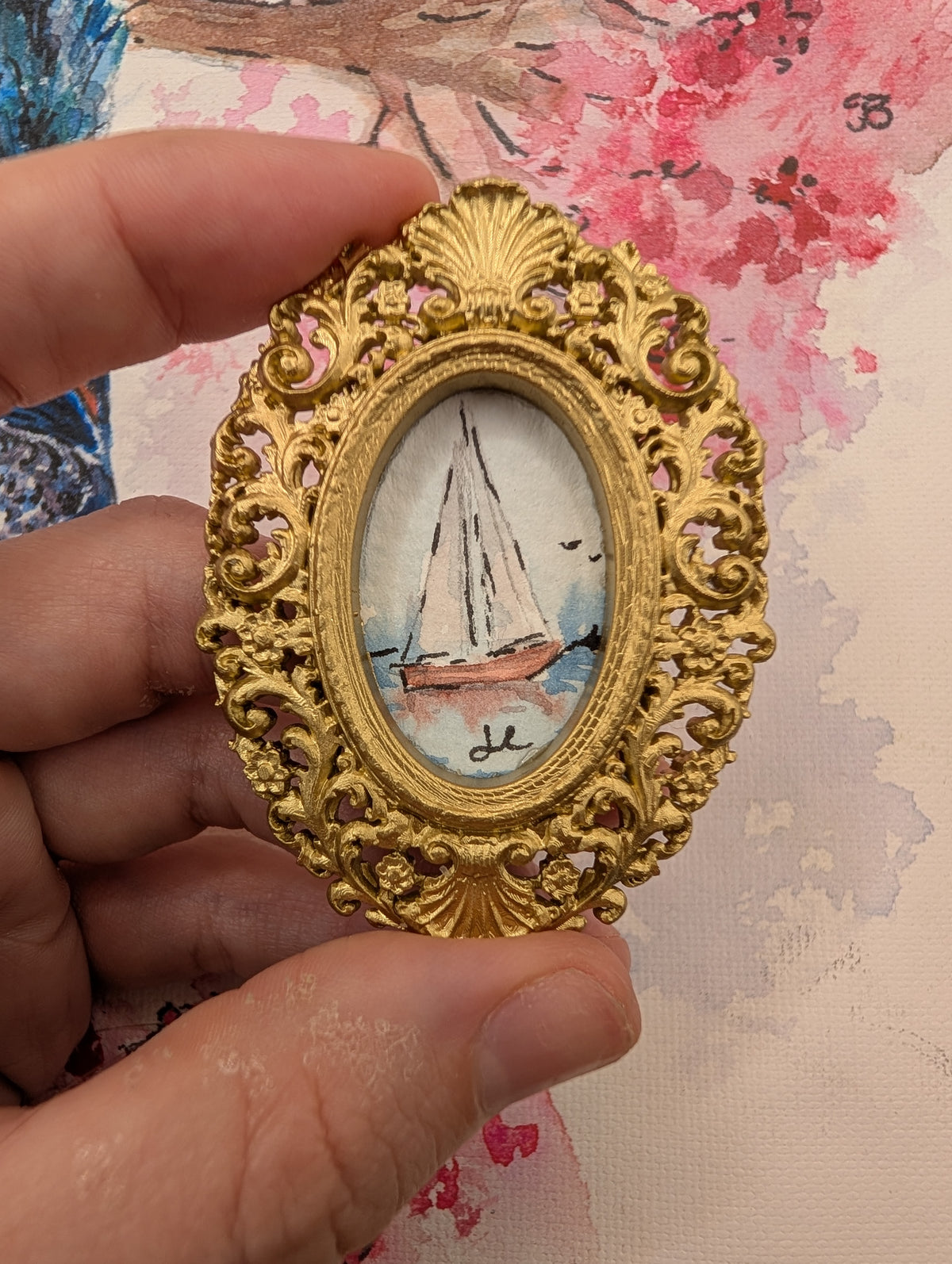 Mini Sailboat Painting - Original Watercolor Art by Lora Cavallin