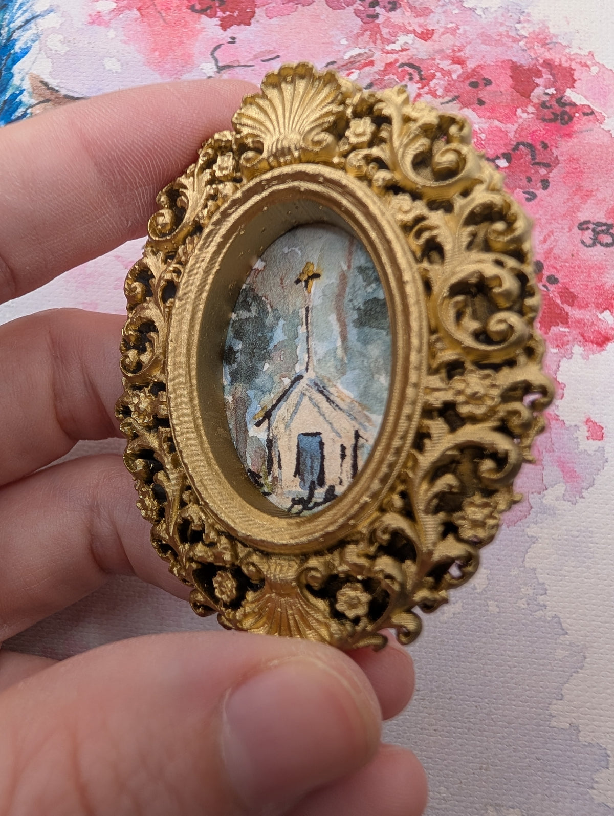 Mini Church Painting - Original Watercolor Art by Lora Cavallin