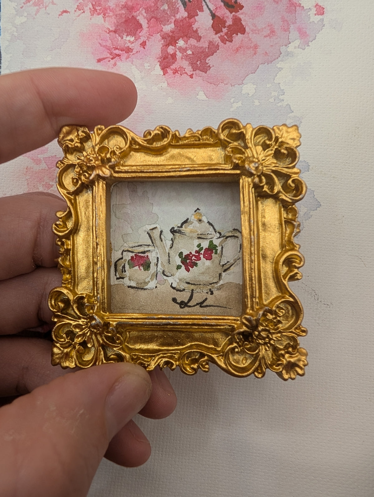 Mini Teapot and Teacup Painting - Original Watercolor Art by Lora Cavallin