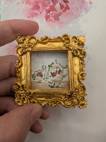 Mini Teapot and Teacup Painting - Original Watercolor Art by Lora Cavallin