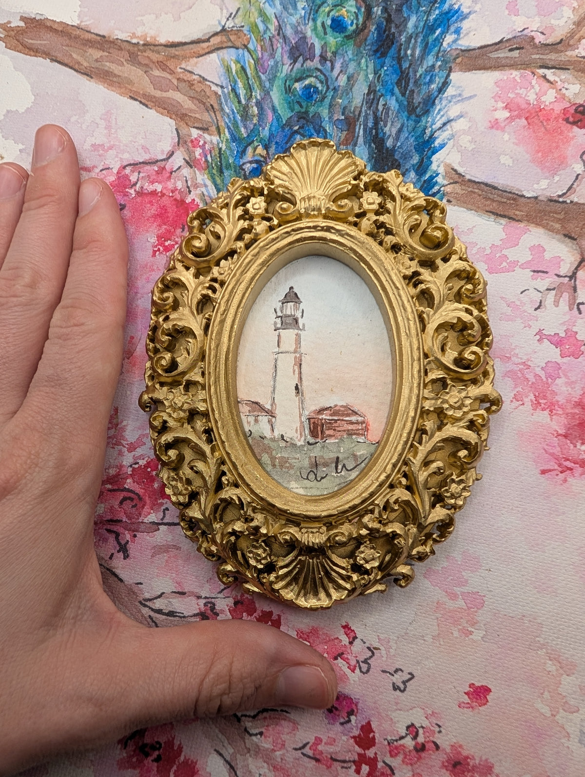Mini Lighthouse Painting - Original Watercolor Art by Lora Cavallin