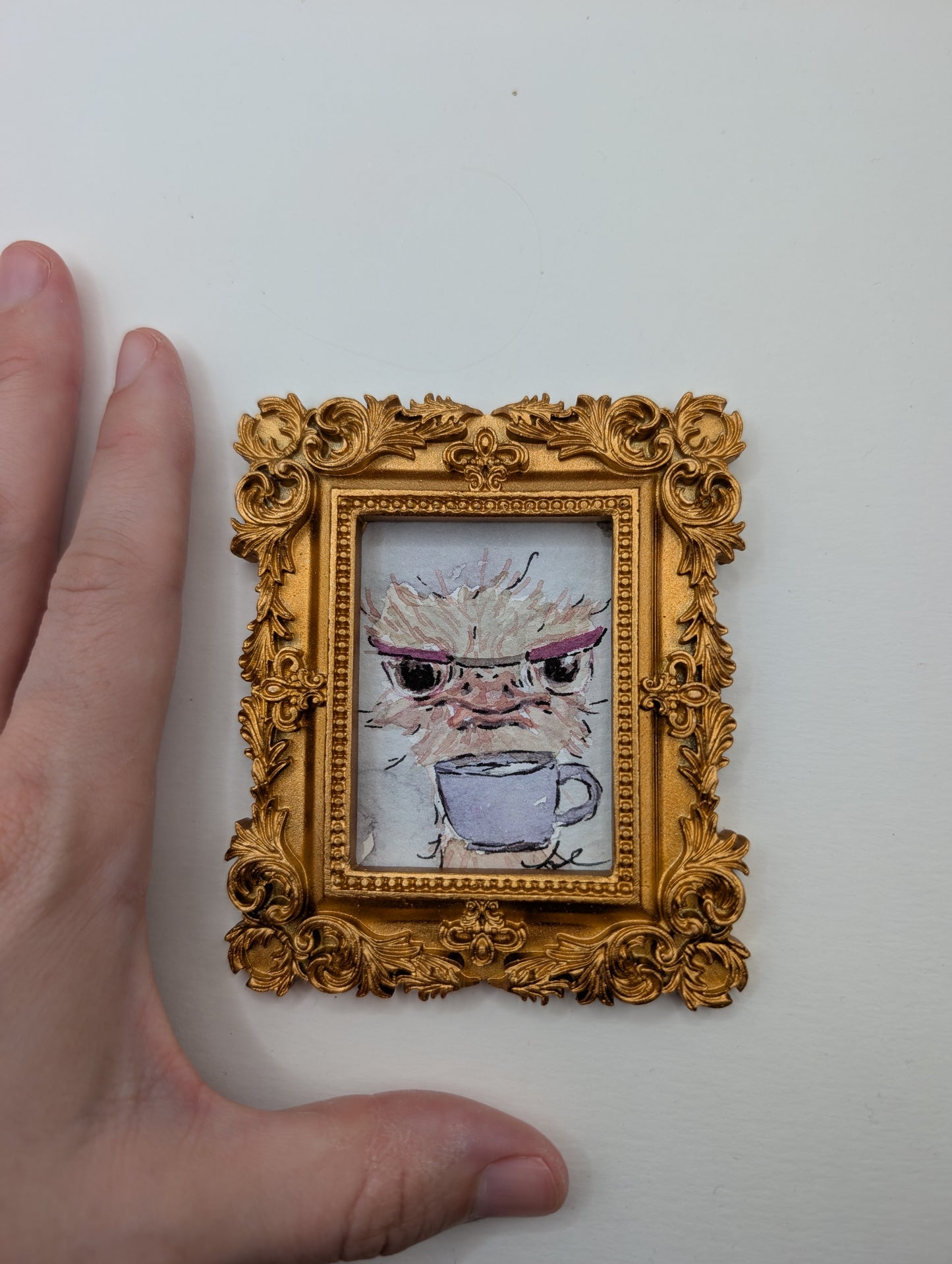 Mini Ostrich with Glasses and Mug Painting - Original Watercolor Art by Lora Cavallin