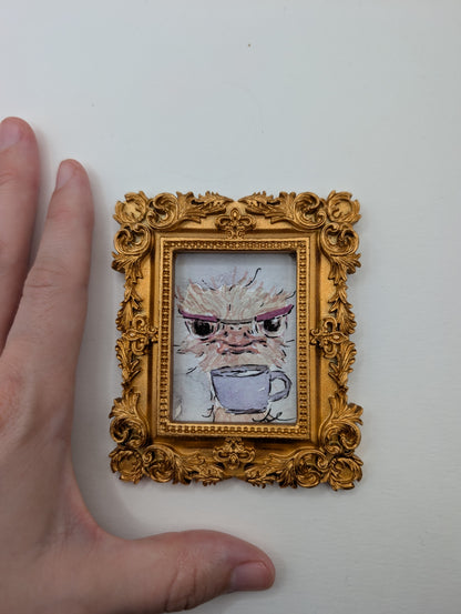 Mini Ostrich with Glasses and Mug Painting - Original Watercolor Art by Lora Cavallin