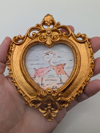 Mini Flamingos in Love Painting - Original Watercolor Art by Lora Cavallin