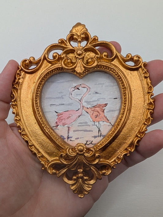 Mini Flamingos in Love Painting - Original Watercolor Art by Lora Cavallin