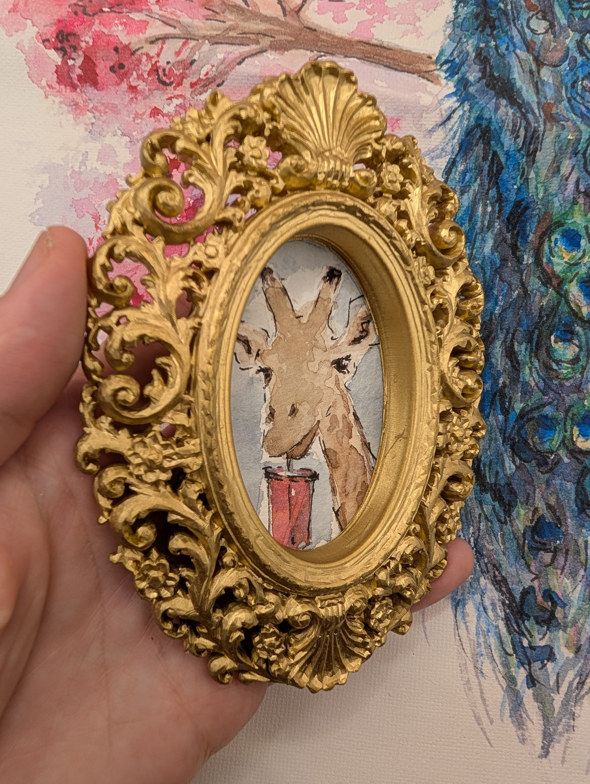 Mini Giraffe with Iced Drink Painting - Original Watercolor Art by Lora Cavallin