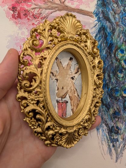 Mini Giraffe with Iced Drink Painting - Original Watercolor Art by Lora Cavallin