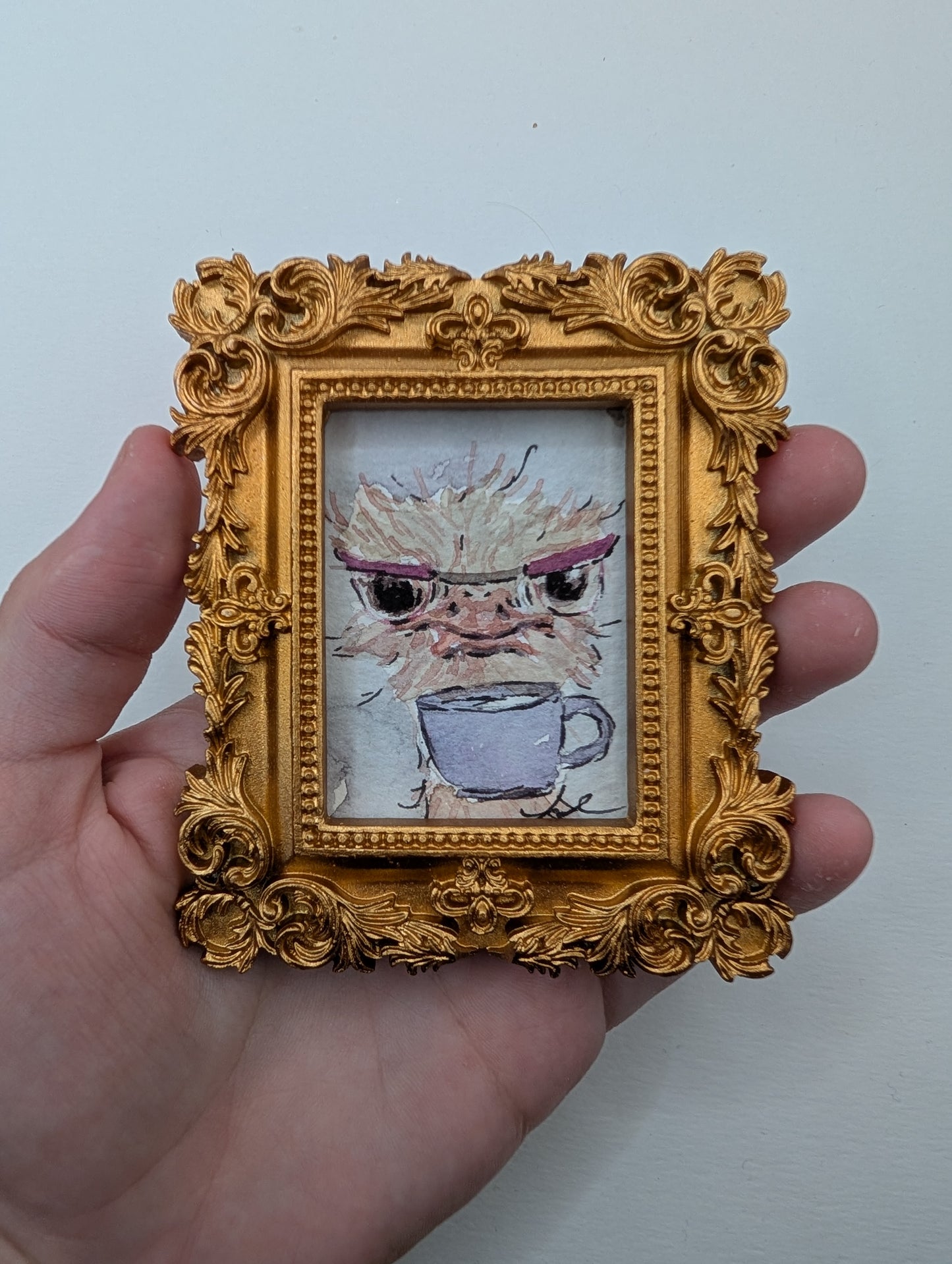 Mini Ostrich with Glasses and Mug Painting - Original Watercolor Art by Lora Cavallin