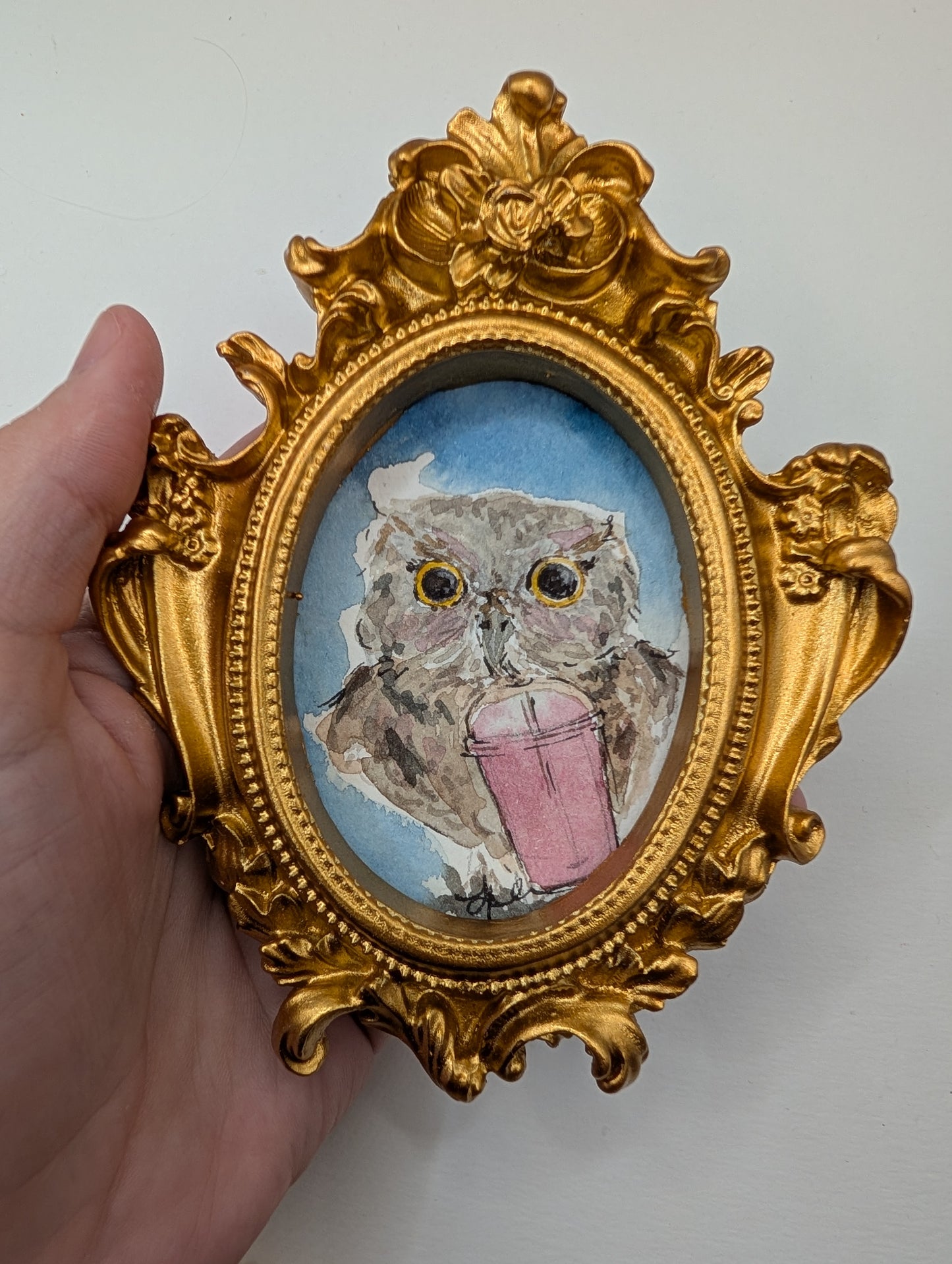 Mini Owl with Iced Drink Painting - Original Watercolor Art by Lora Cavallin