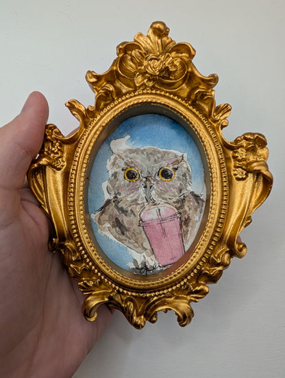 Mini Owl with Iced Drink Painting - Original Watercolor Art by Lora Cavallin