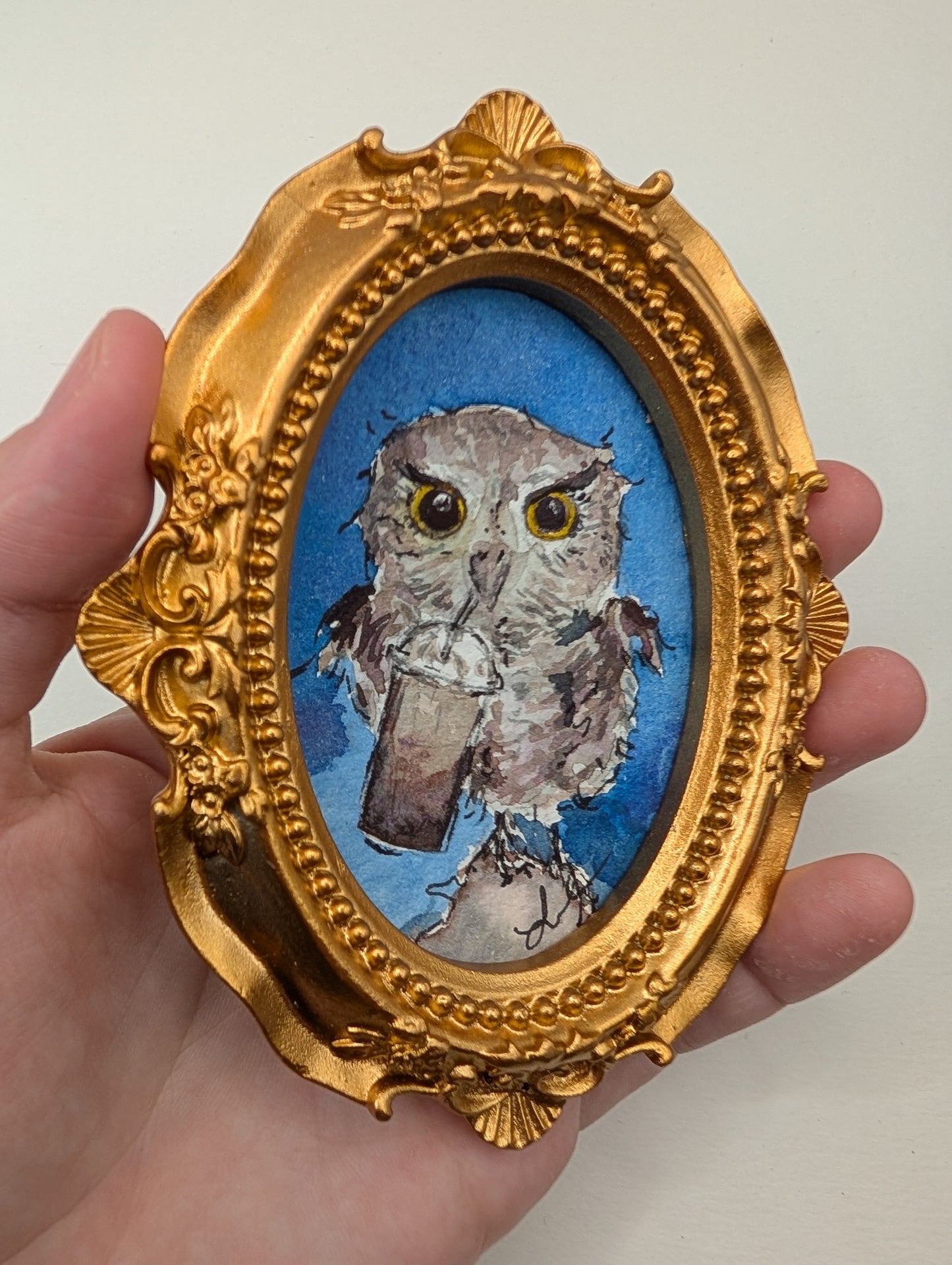 Mini Owl with Frozen Coffee Painting - Original Watercolor Art by Lora Cavallin