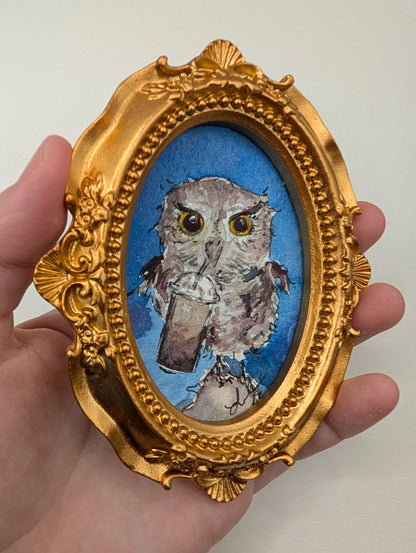 Mini Owl with Frozen Coffee Painting - Original Watercolor Art by Lora Cavallin