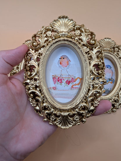 Small Birds on Teacups Art Print Set of Three - With Gold Frames - Watercolor Design