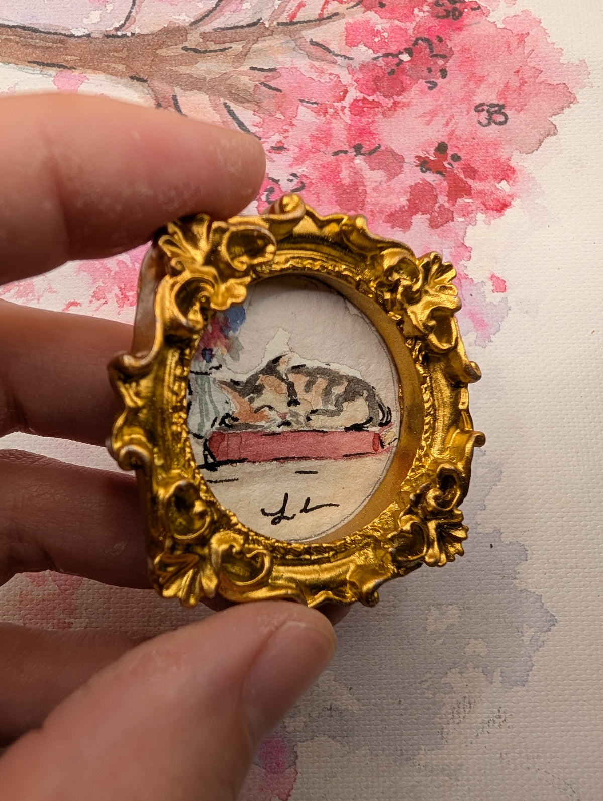 Mini Sleeping Cat Painting - Original Watercolor Art by Lora Cavallin