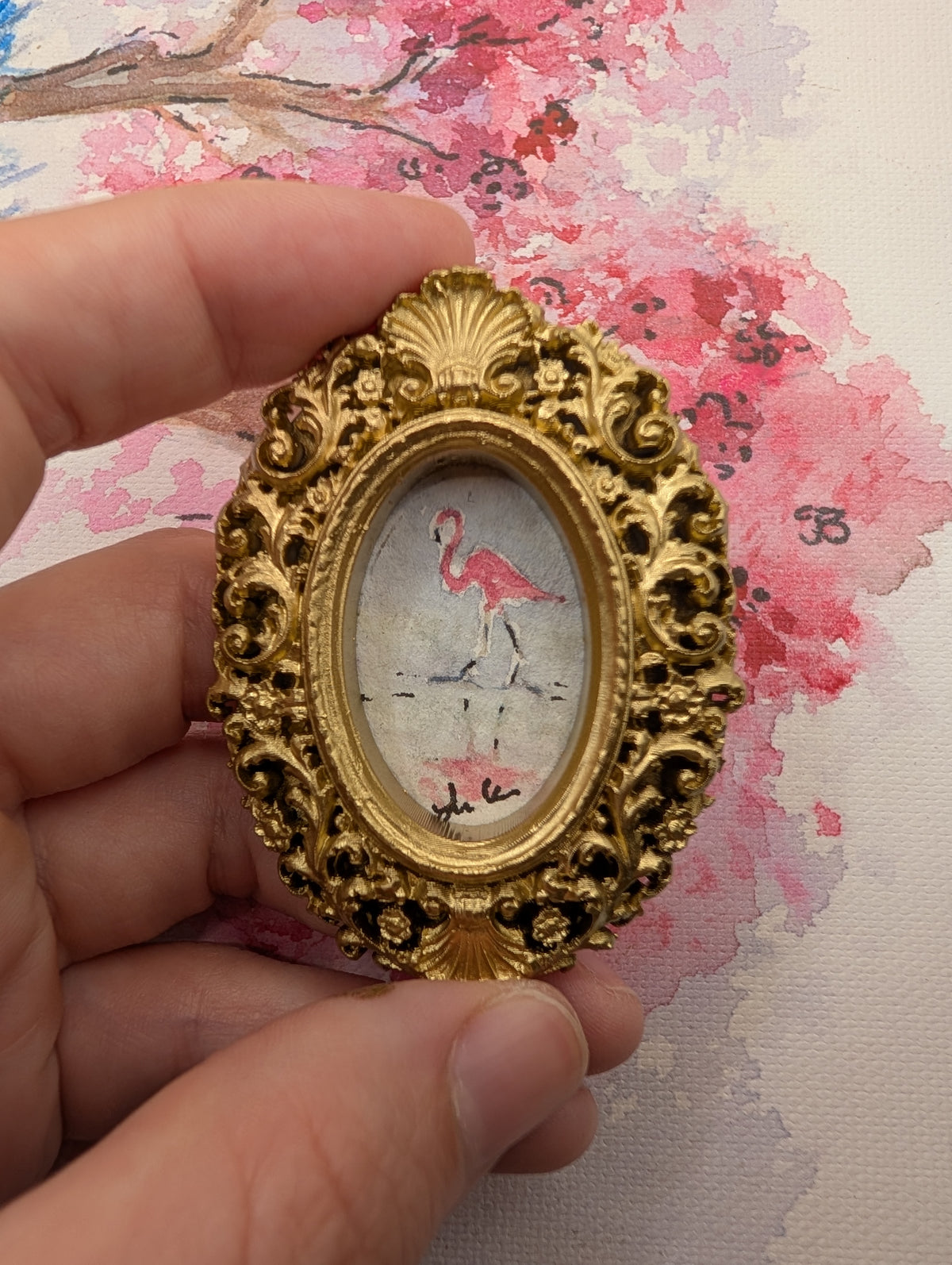 Mini Flamingo Painting - Original Watercolor Art by Lora Cavallin