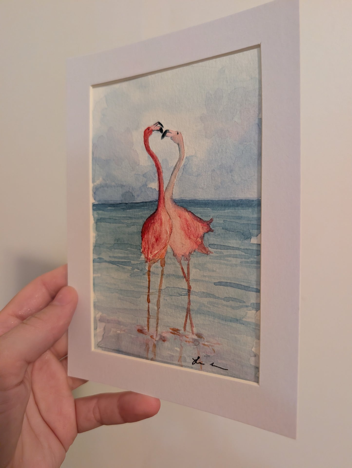 Flamingos in Love Watercolor Painting - 4 x 6" - No Frame, Comes with Mat - Original Art by Lora Cavallin