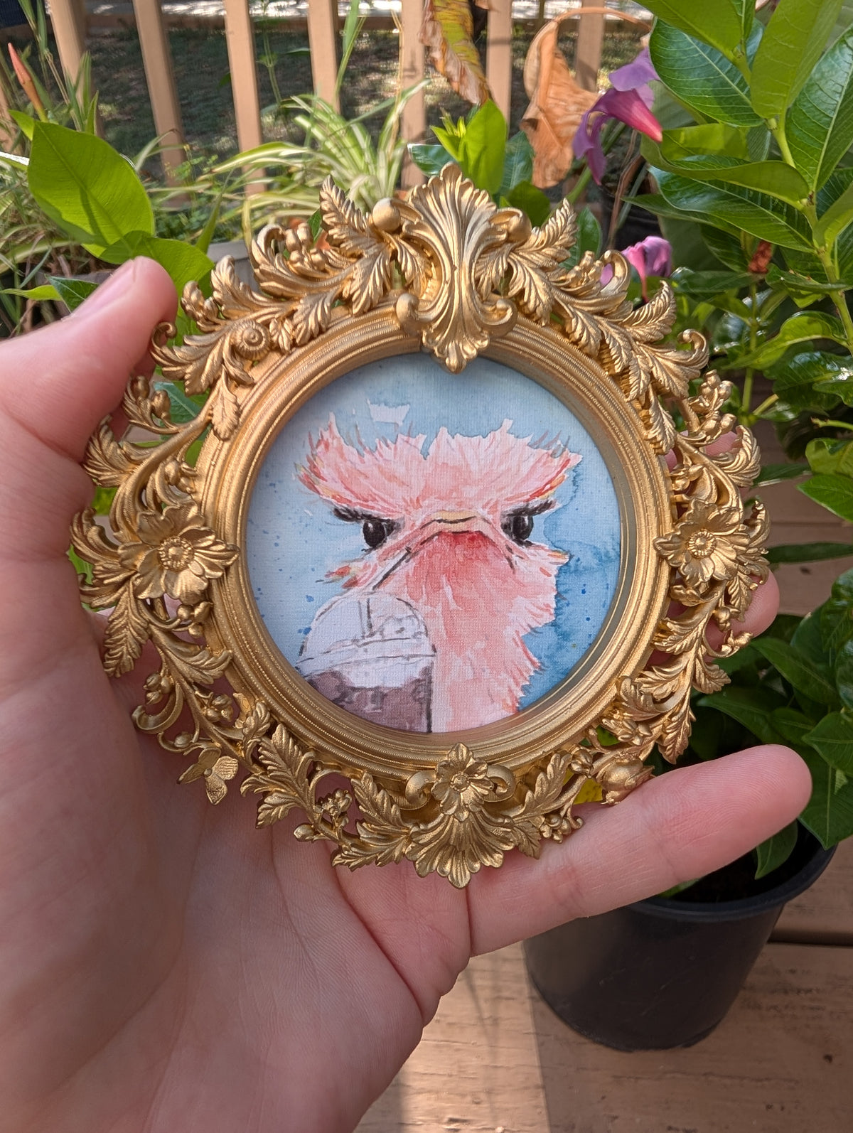 Ostrich and Ice Coffee — Round Framed Art Print