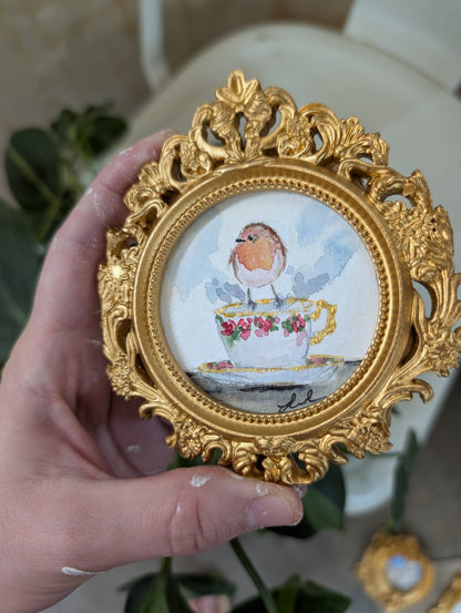 Mini Robin Bird on Teacup Painting - Original Watercolor Art by Lora Cavallin