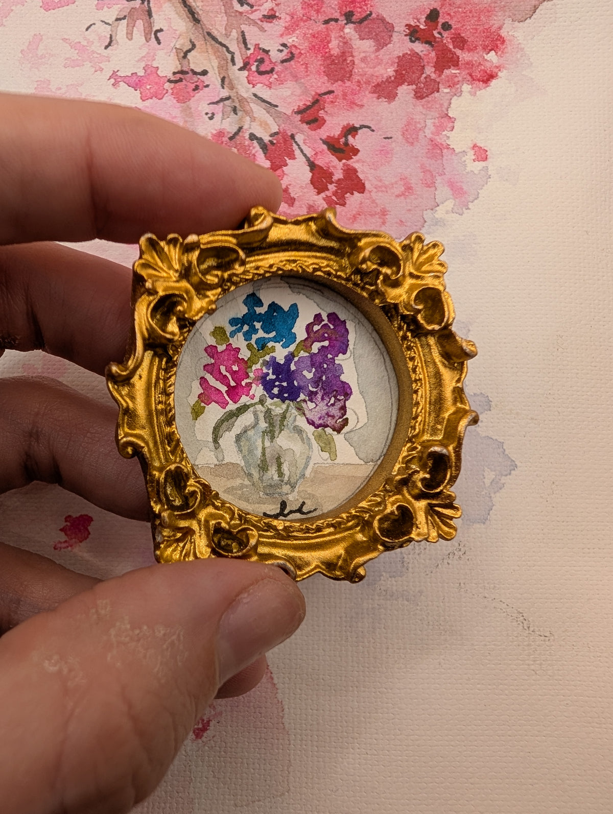 Mini Vase of Flowers Painting - Original Watercolor Art by Lora Cavallin