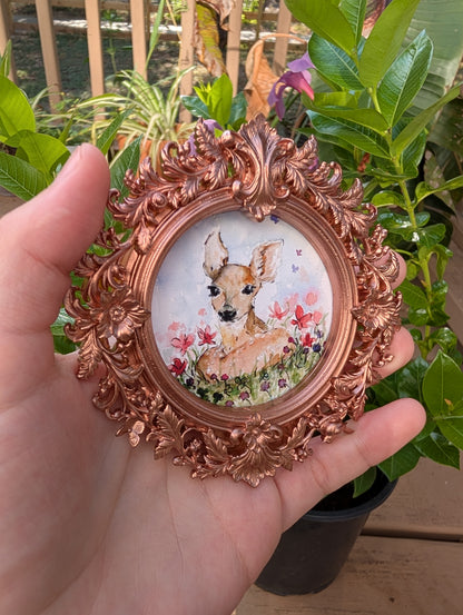 Baby Deer and Flowers — Round Framed Art Print