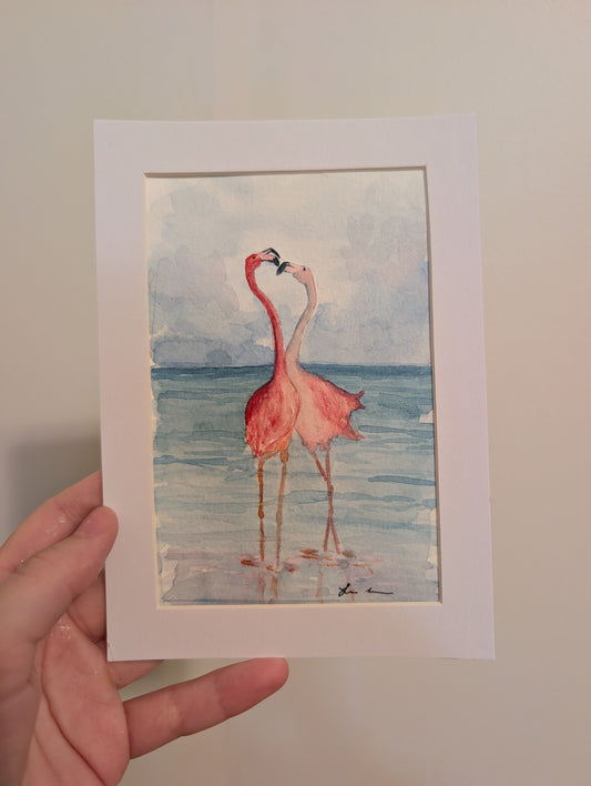 Flamingos in Love Watercolor Painting - 4 x 6" - No Frame, Comes with Mat - Original Art by Lora Cavallin