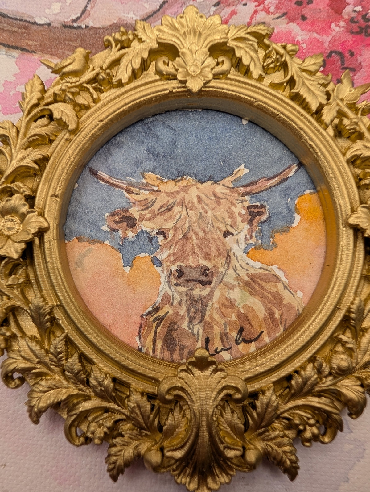 Mini Highland Cow Painting - Original Watercolor Art by Lora Cavallin