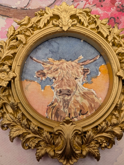 Mini Highland Cow Painting - Original Watercolor Art by Lora Cavallin