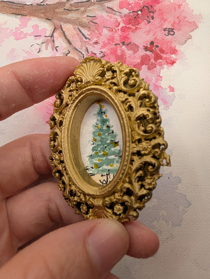 Mini Christmas Tree Painting - Original Watercolor Art by Lora Cavallin