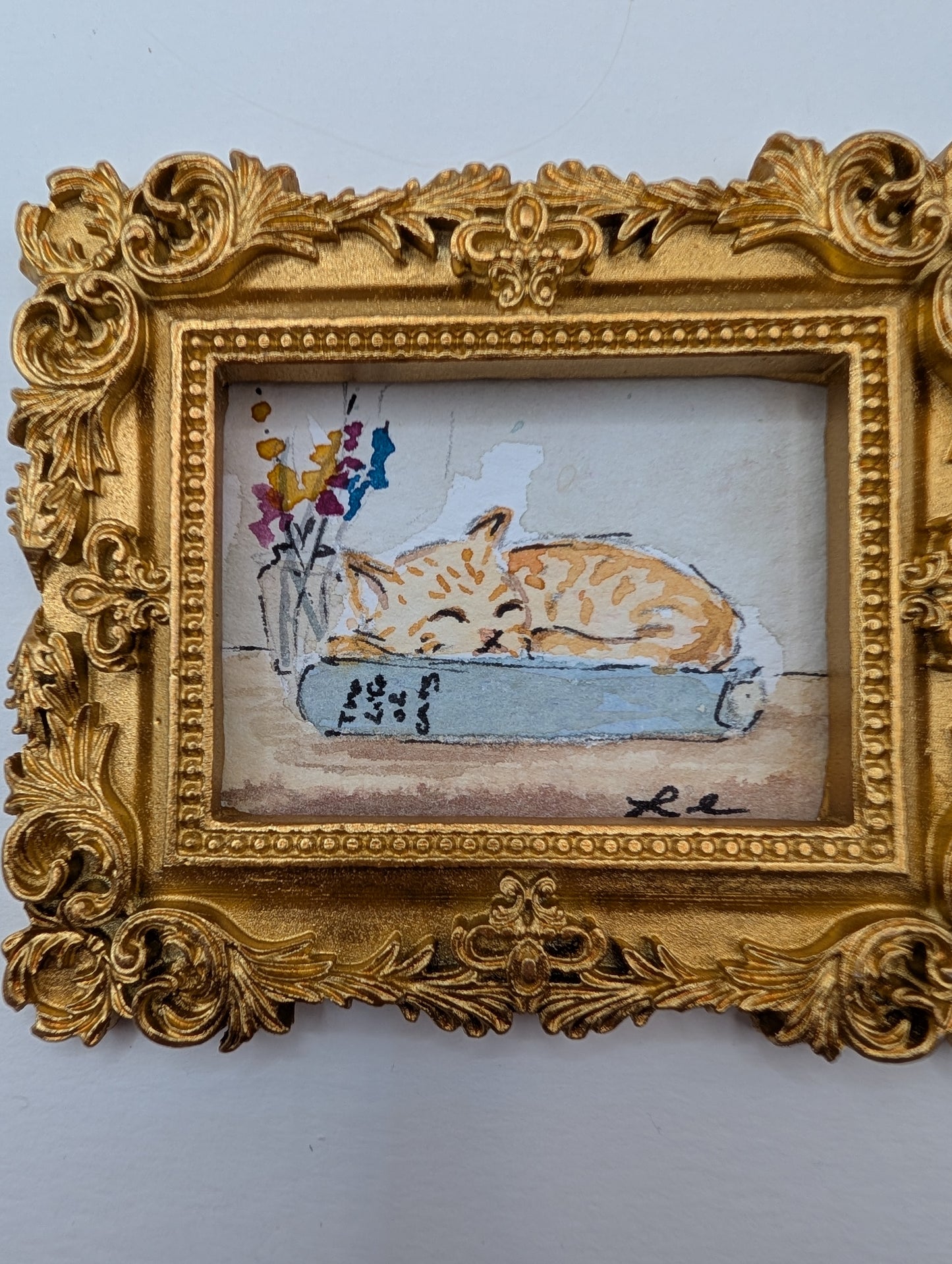 Mini Sleeping Cat Painting - Original Watercolor Art by Lora Cavallin