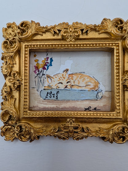 Mini Sleeping Cat Painting - Original Watercolor Art by Lora Cavallin