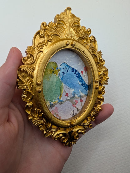 Mini Parakeet Birds in Love Painting - Original Watercolor Art by Lora Cavallin