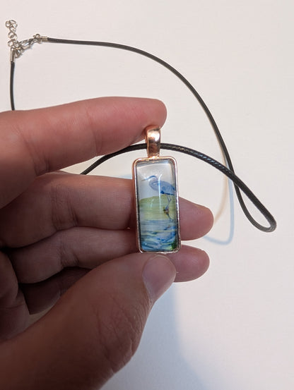 Blue Heron in Creek Pendant Necklace - Lora Cavallin Art