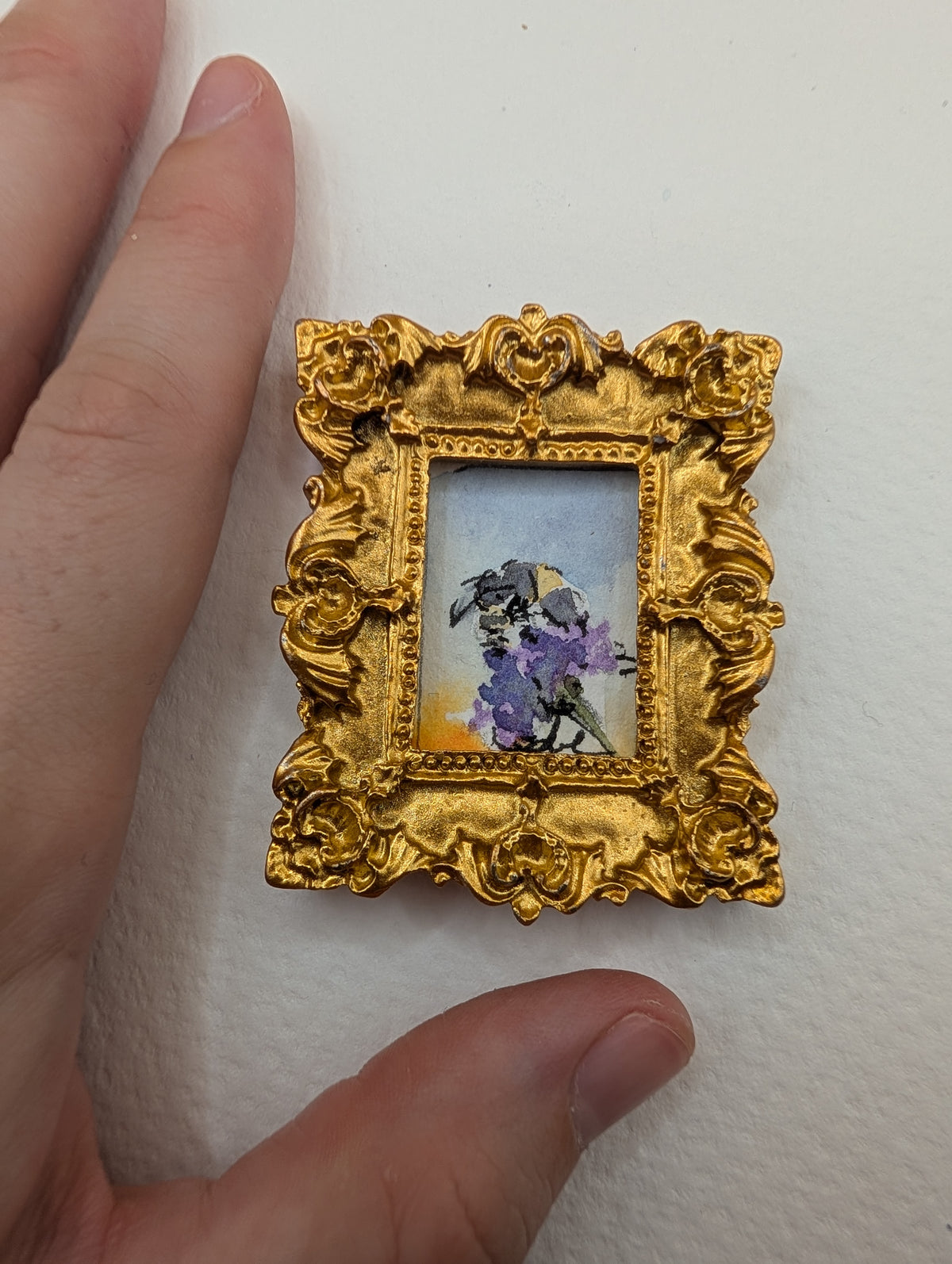 Mini Bee on Flower Painting - Original Watercolor Art by Lora Cavallin