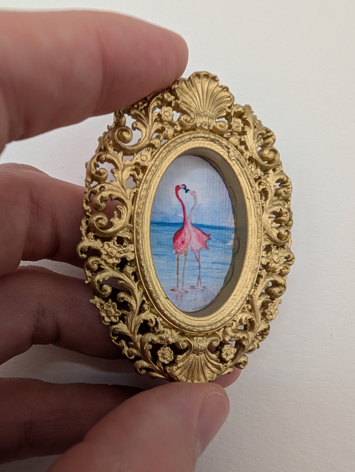 Tiny Flamingos in Love Watercolor Art Print - Dollhouse Size - With Gold Frame