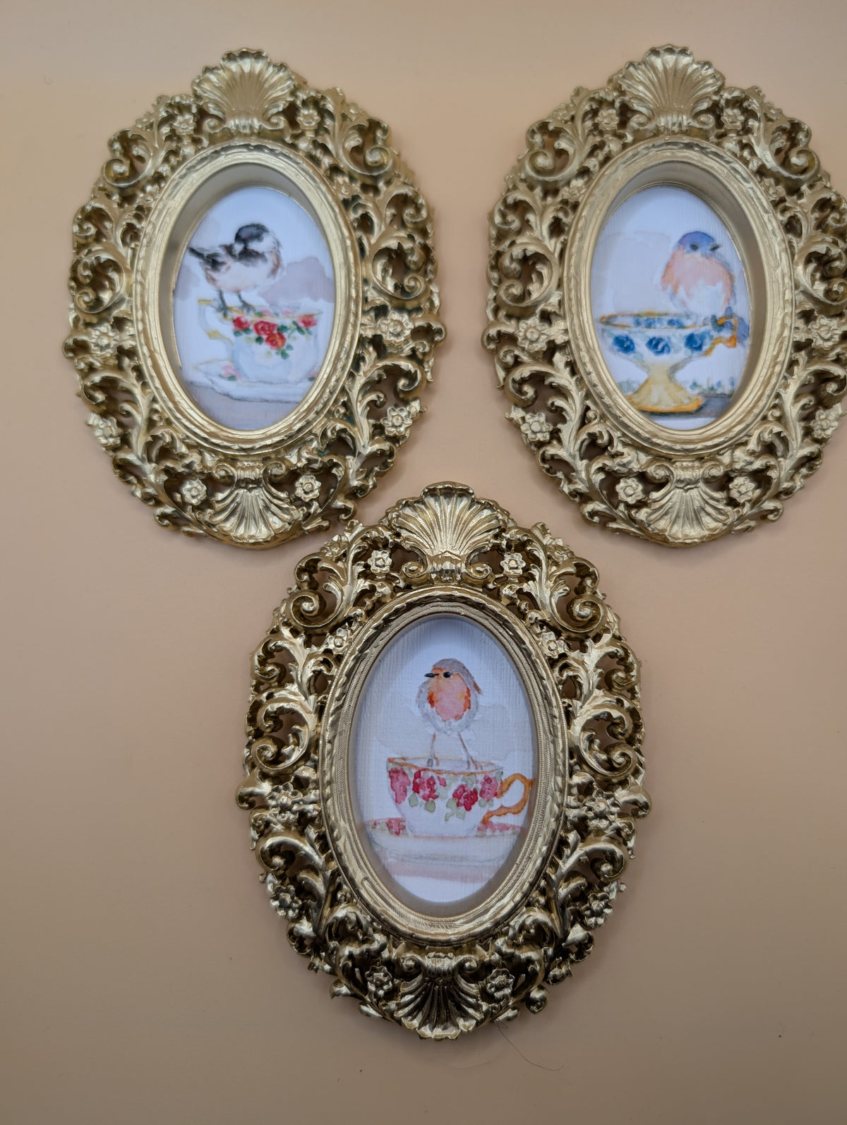 Small Birds on Teacups Art Print Set of Three - With Gold Frames - Watercolor Design