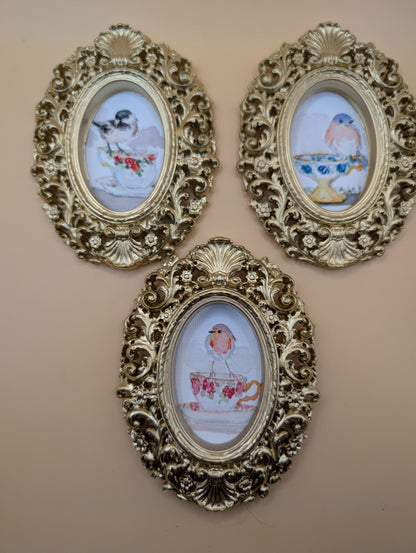 Small Birds on Teacups Art Print Set of Three - With Gold Frames - Watercolor Design