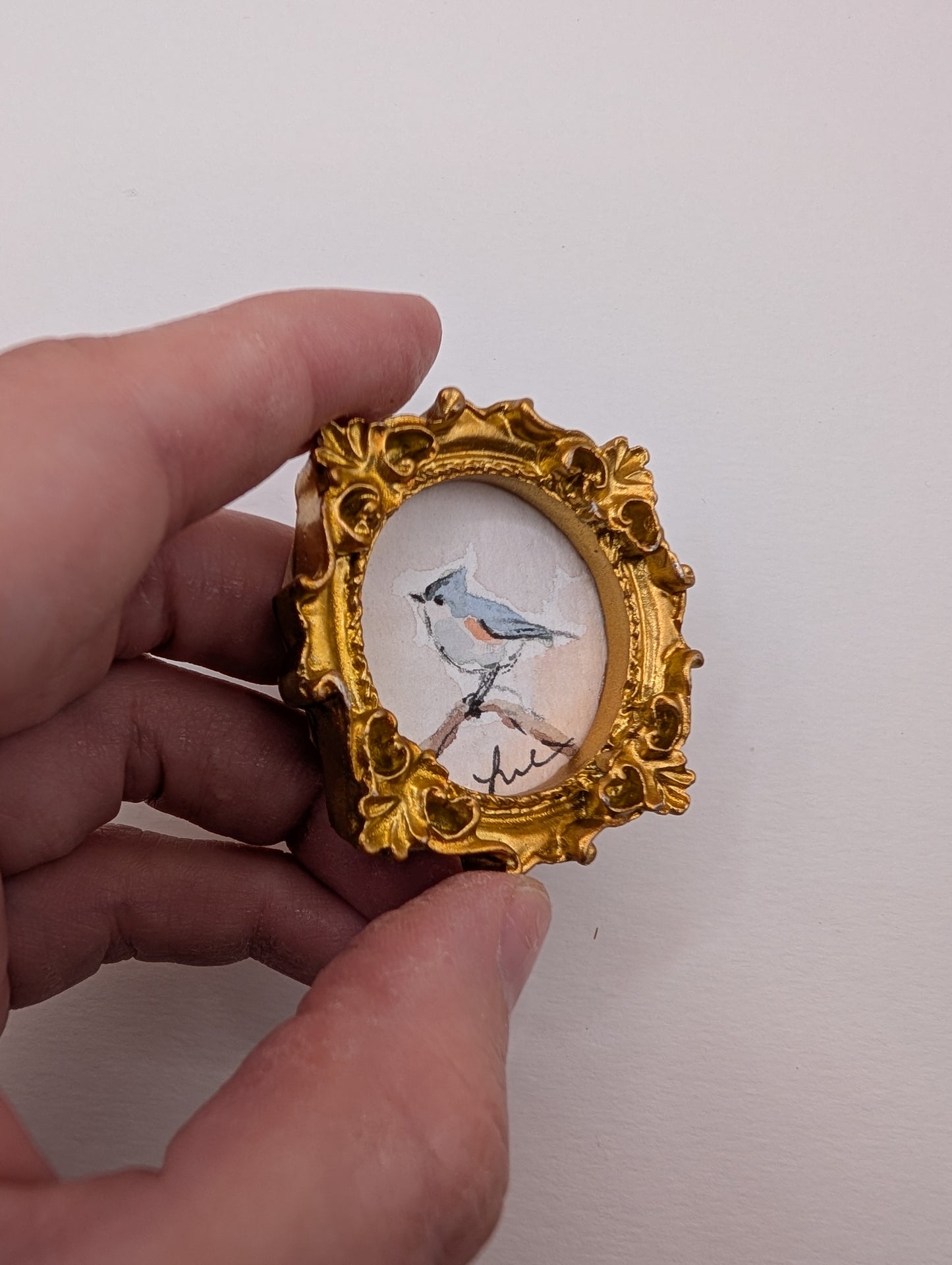 Mini Tufted Titmouse Bird Painting - Original Watercolor Art by Lora Cavallin