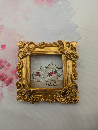 Mini Teapot and Teacup Painting - Original Watercolor Art by Lora Cavallin
